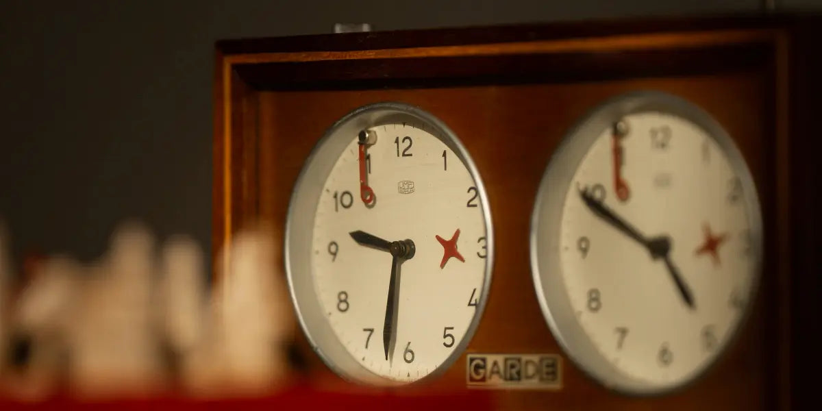 Two classic analog Garde chess clocks used for professional chess tournaments.