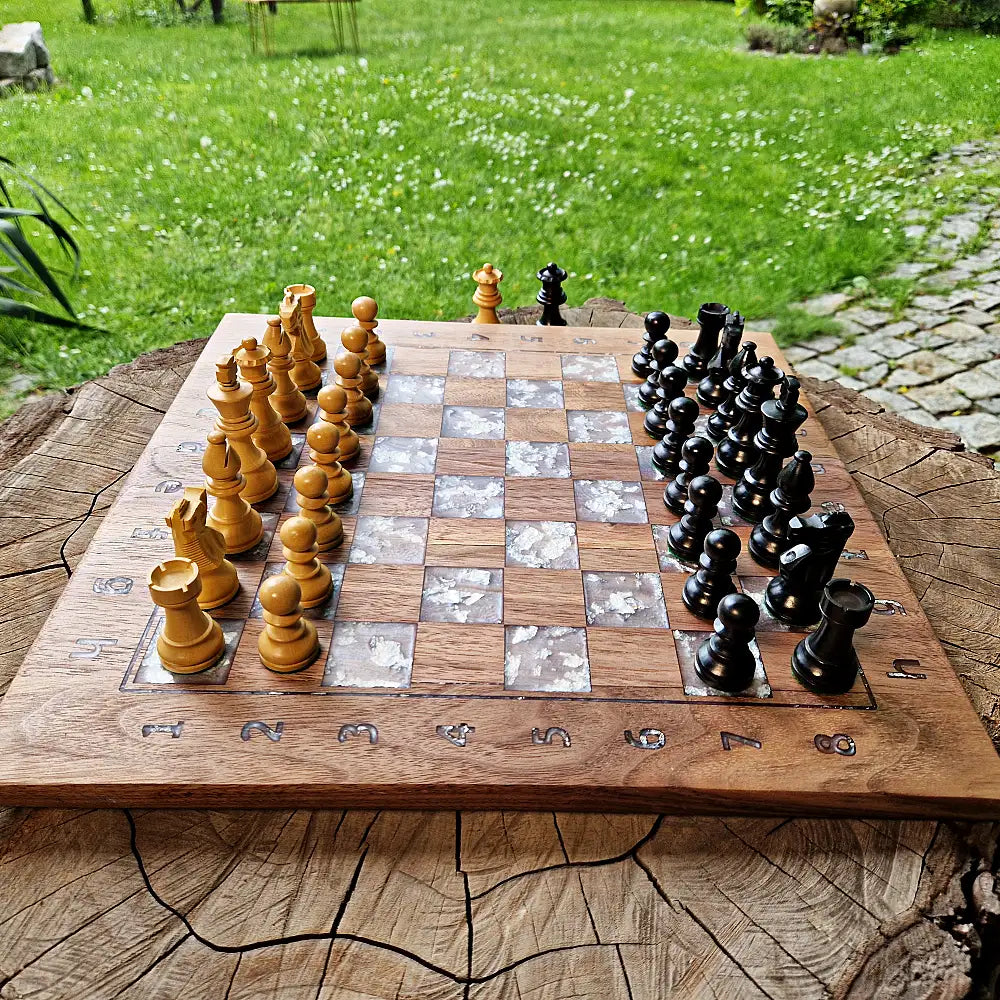 American Walnut Handcrafted Chessboard with epoxy silver leaf