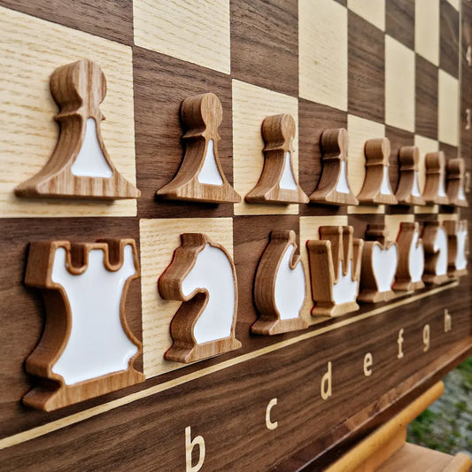 Wooden chess pieces with white epoxy resin
