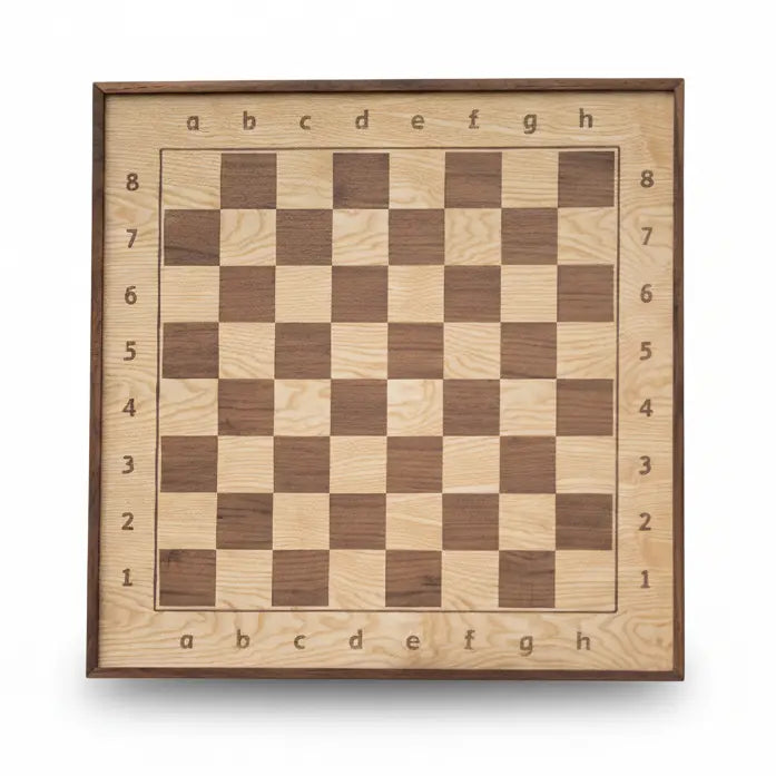 Premium hanging chess set with dark walnut frame. Showcases wood choice and personalization option.