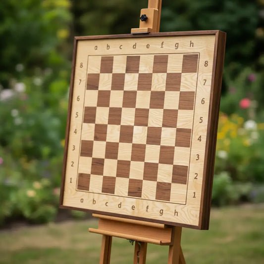 Light ash ChessboArt800 magnetic wall chess board displayed outdoors on an easel