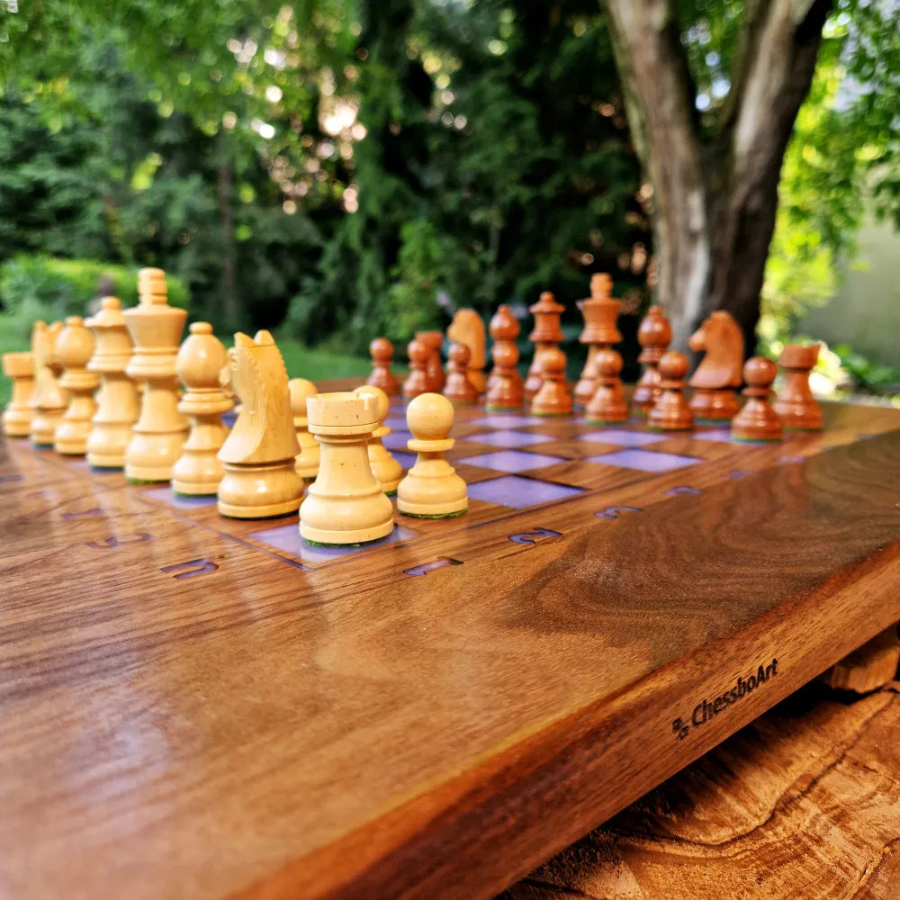 American Walnut Chessboard with blue resin square Handmade Art