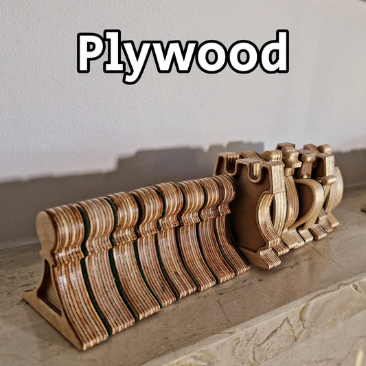 Full set of Plywood magnetic chess pieces lined up, showing the unique layered construction of the high-grade material.