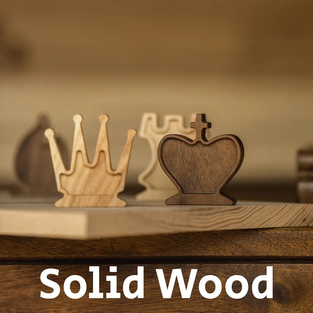 Detail of Solid Wood magnetic chess pieces: King, Queen, and Bishop, highlighting the Ash and Walnut material contrast.