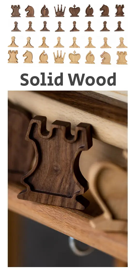 Close-up of Solid Wood magnetic chess pieces. Dark American Walnut Rook highlights the premium quality material.
