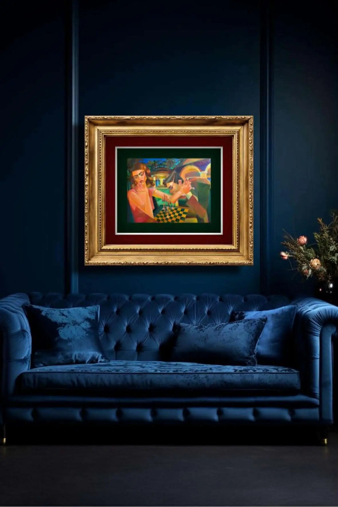 "The Fall of the Fortress" artwork by Mariya Yugina displayed in a sophisticated modern interior mockup for chess art inspiration.