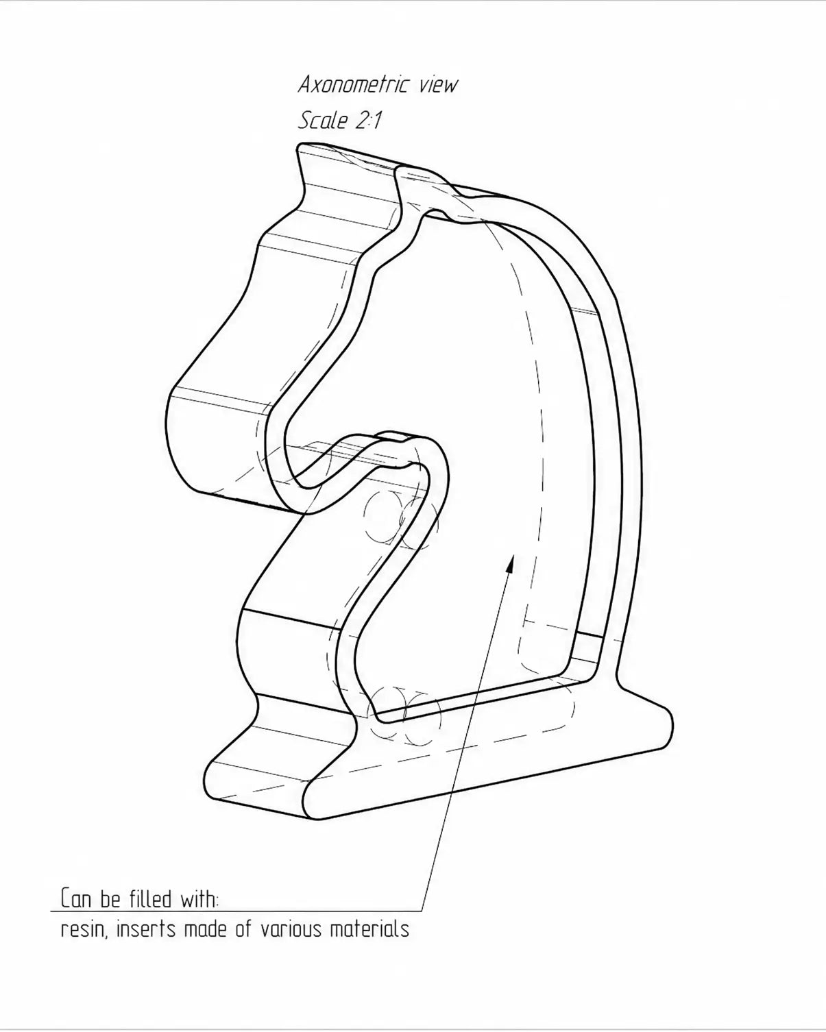Isometric technical line drawing of a ChessboArt hand-carved wooden knight chess piece