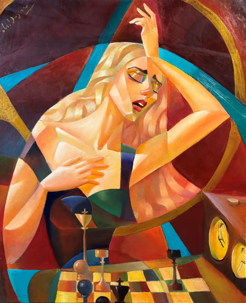 Expressive painting by Maria Yugina depicting a blonde woman in a dramatic pose leaning over a chessboard with chess pieces and a vintage chess clock.