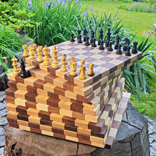 Handmade solid wood chess board in American walnut and European ash with Staunton pieces set up for play — board only, chess pieces not included, ChessboArt Poland