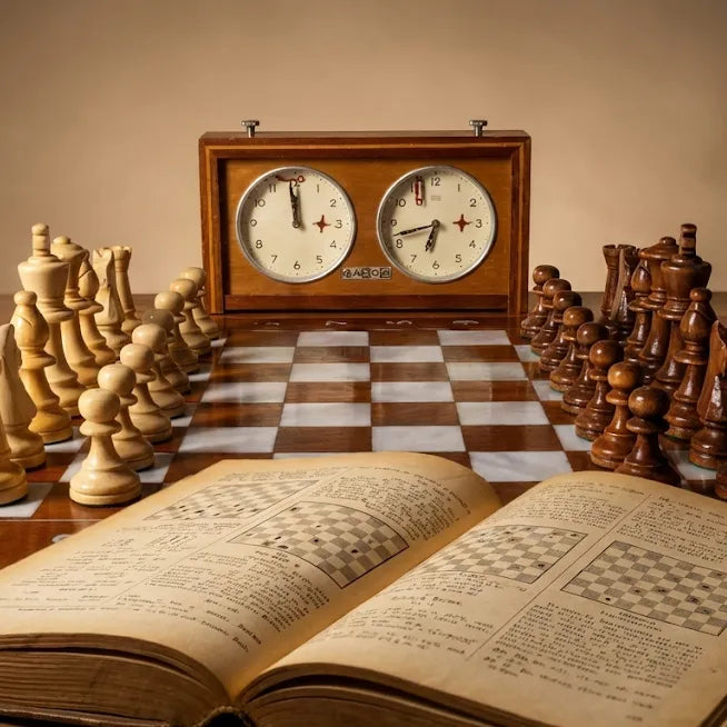 Luxury wooden chess coffee table V2 with analog chess clocks and an open book.