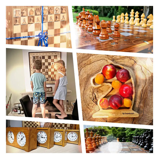 A collage of chess gift ideas for 2025: a wall-mounted vertical board, classic wooden mechanical clocks, Staunton chess pieces, and a knight-shaped wooden tray.