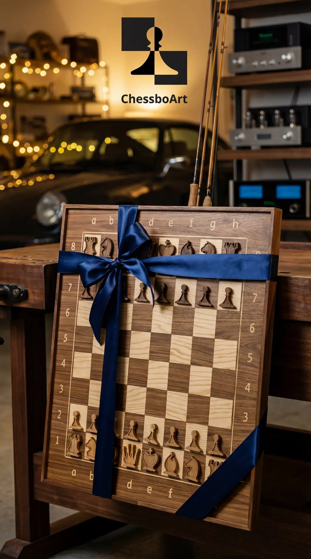Luxury chess gift at a birthday celebration — wall-mounted ChessboArt board presented as a milestone gift