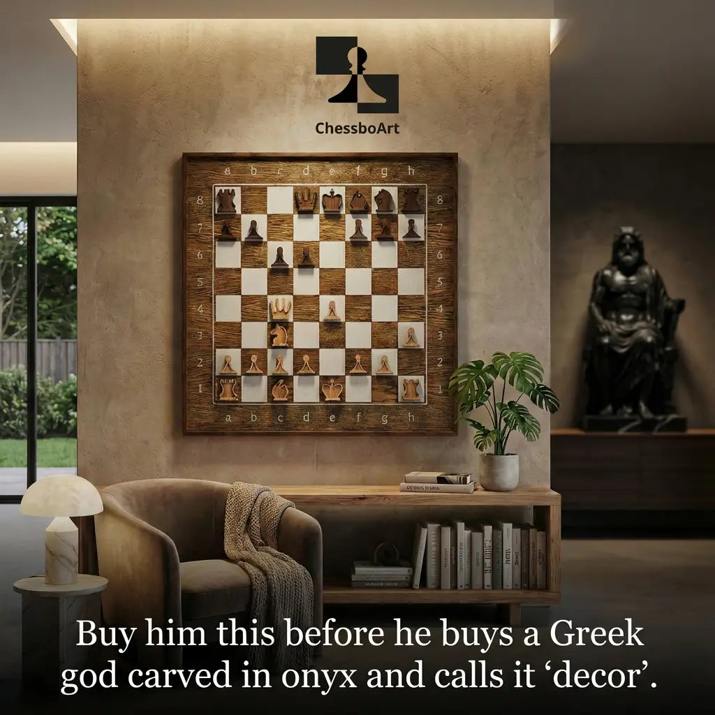 ChessboArt solid wood chess board arranged on a coffee table in a calm living room corner