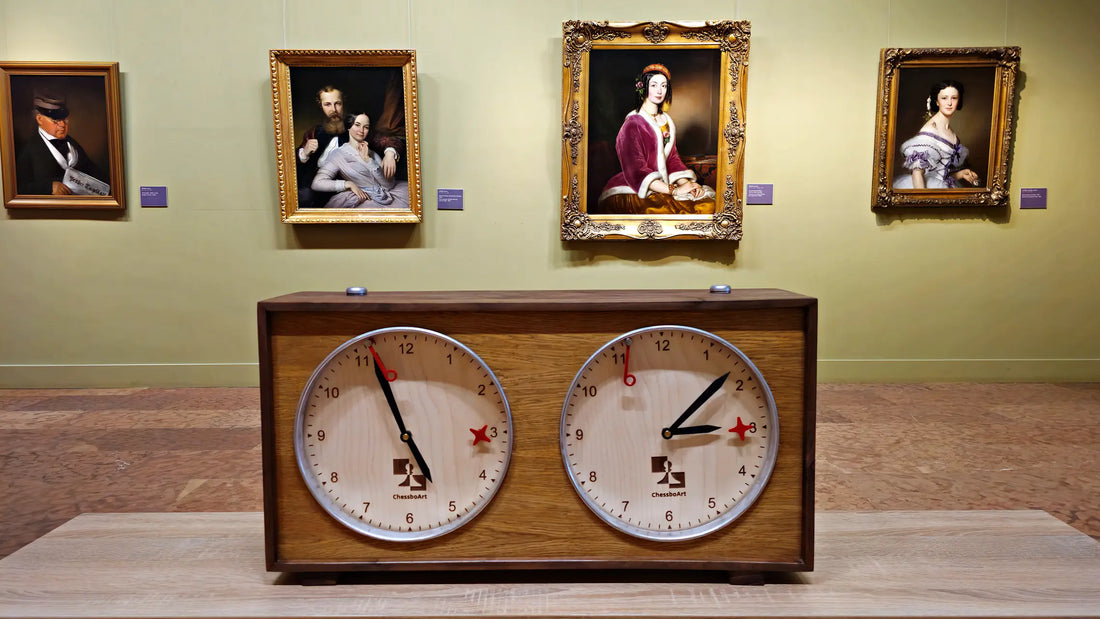 ChessboArt giant chess clock with two wooden dials and red flags in front of gold-framed portraits, Hungarian National Gallery