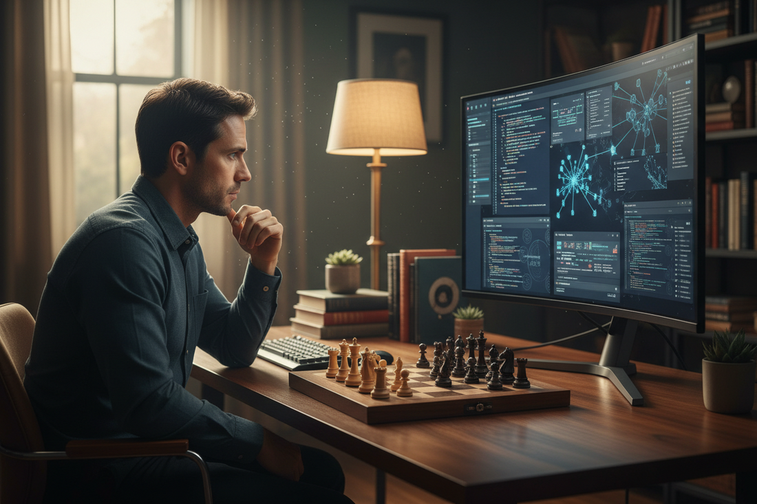 Chess player using AI prompt engineering at a chessboard with a laptop — chess thinking meets artificial intelligence