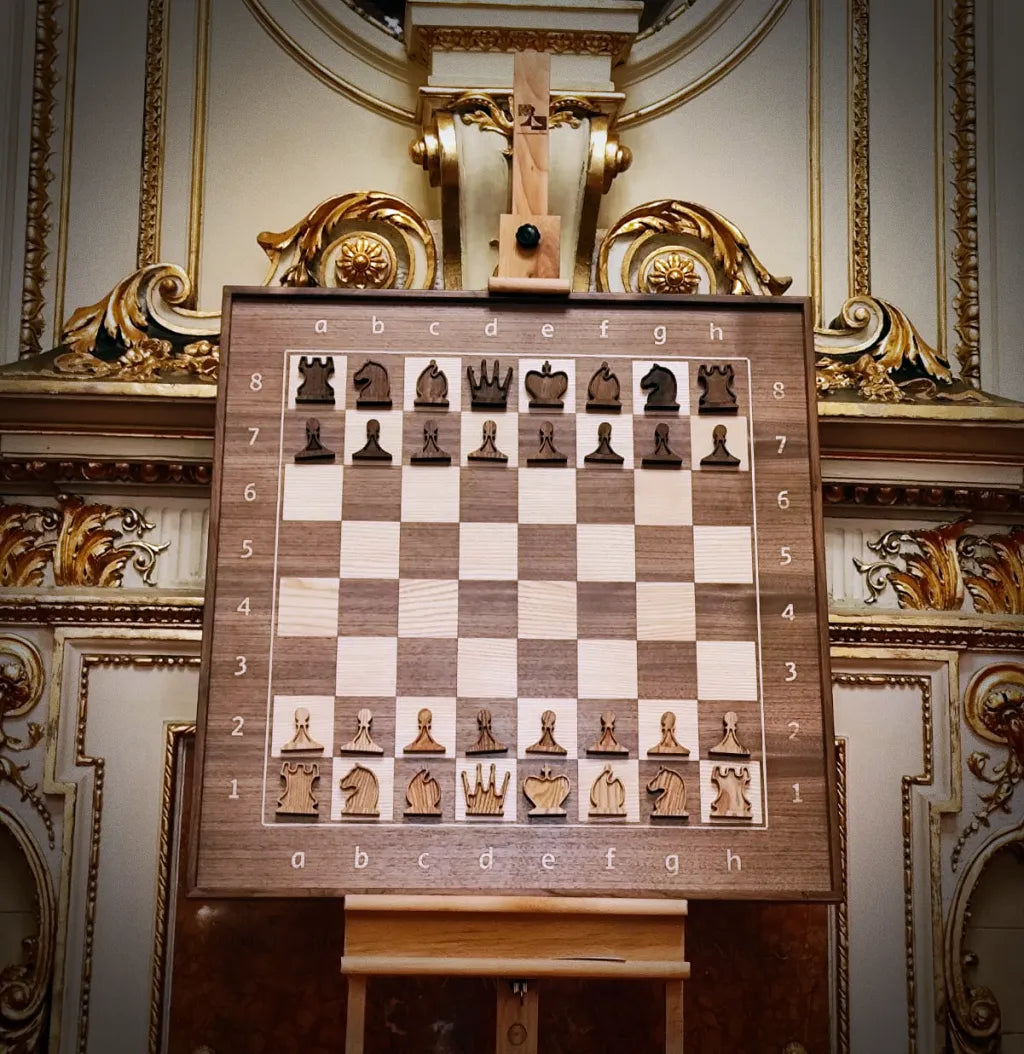 Elegant wall chess board displayed in a classic interior — luxury wood tones and quiet design aesthetics