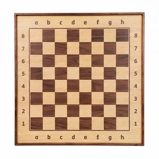 Artisanal top-down view of a natural ash wood ChessboArt800 vertical wall-mounted magnetic chessboard, emphasizing its elegant organic grain and minimalist design