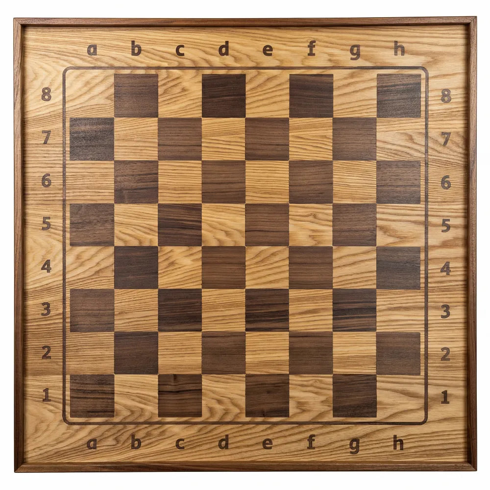 Professional packshot of a vertical magnetic chessboard by ChessboArt800, crafted in dark ash wood with a defined frame margin and non-reflective finish