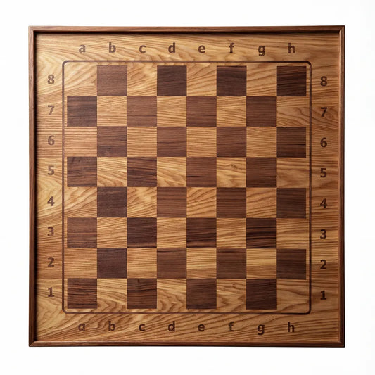 Professional packshot of a vertical magnetic chessboard by ChessboArt800, crafted in dark ash wood with a defined frame margin and non-reflective finish