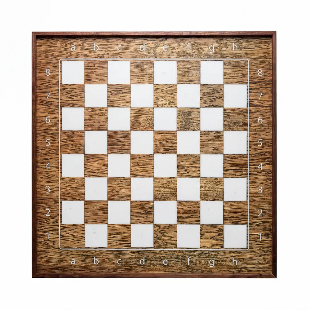 Modern ChessboArt800 vertical wall-mounted magnetic chessboard featuring a unique resin inlay and natural wood grain, perfect for contemporary functional wall art.