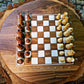 The only round chessboard, made of walnut and white resin, diameter size: 48 cm