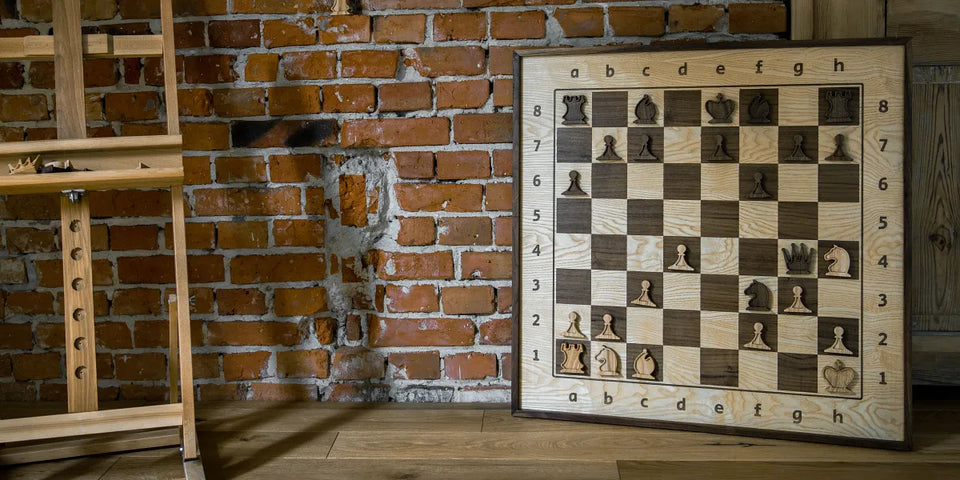 Detailed panoramic shot of a handcrafted wooden wall-mounted chess board surface.