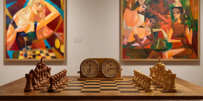 Luxury chess-themed interior featuring a handcrafted wooden board and vintage clock set against abstract wall art decor and paintings