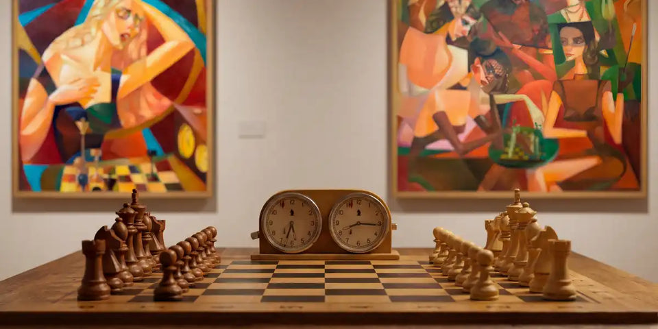 A professional wooden chess set and vintage mechanical clock displayed in an art gallery setting with colorful abstract paintings in the background.