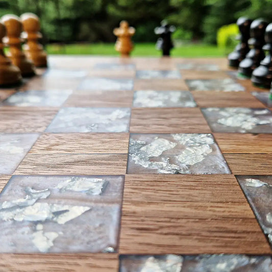 Handrafted Chessboard with epoxy silver leaf