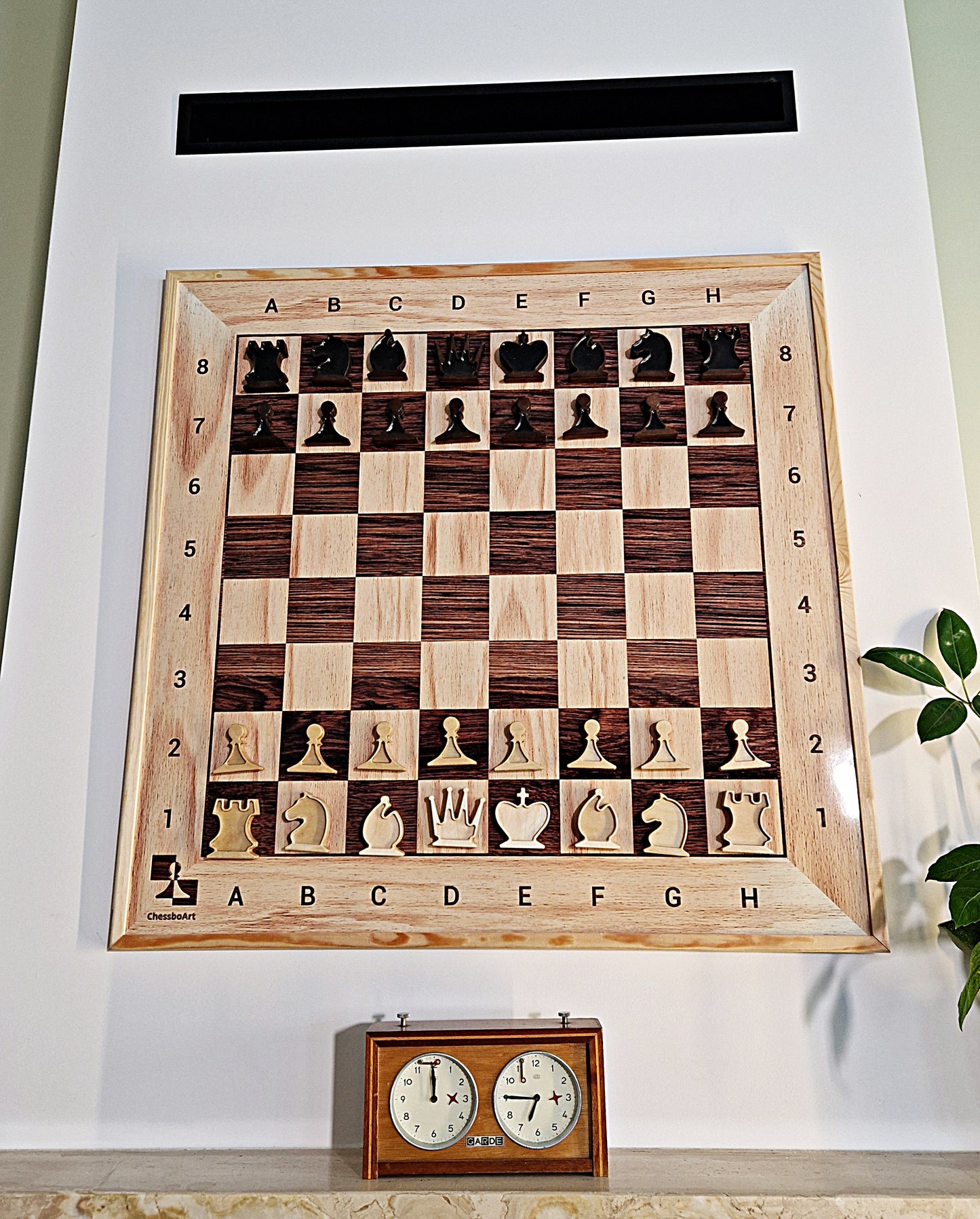 ChessClub chess set for hanging on fire place and Garde chess clock