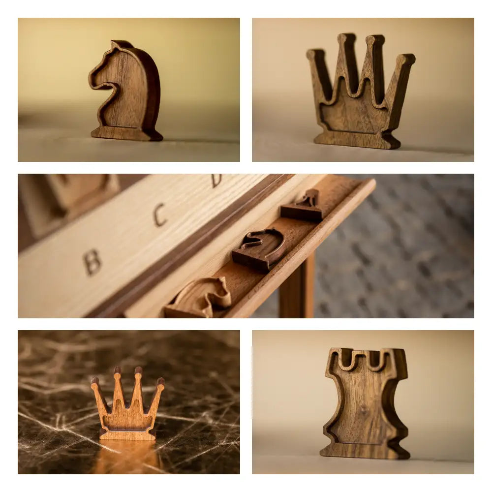 Curated set of five fine art chess photographs featuring handcrafted wooden chess pieces by Monika Burszczan