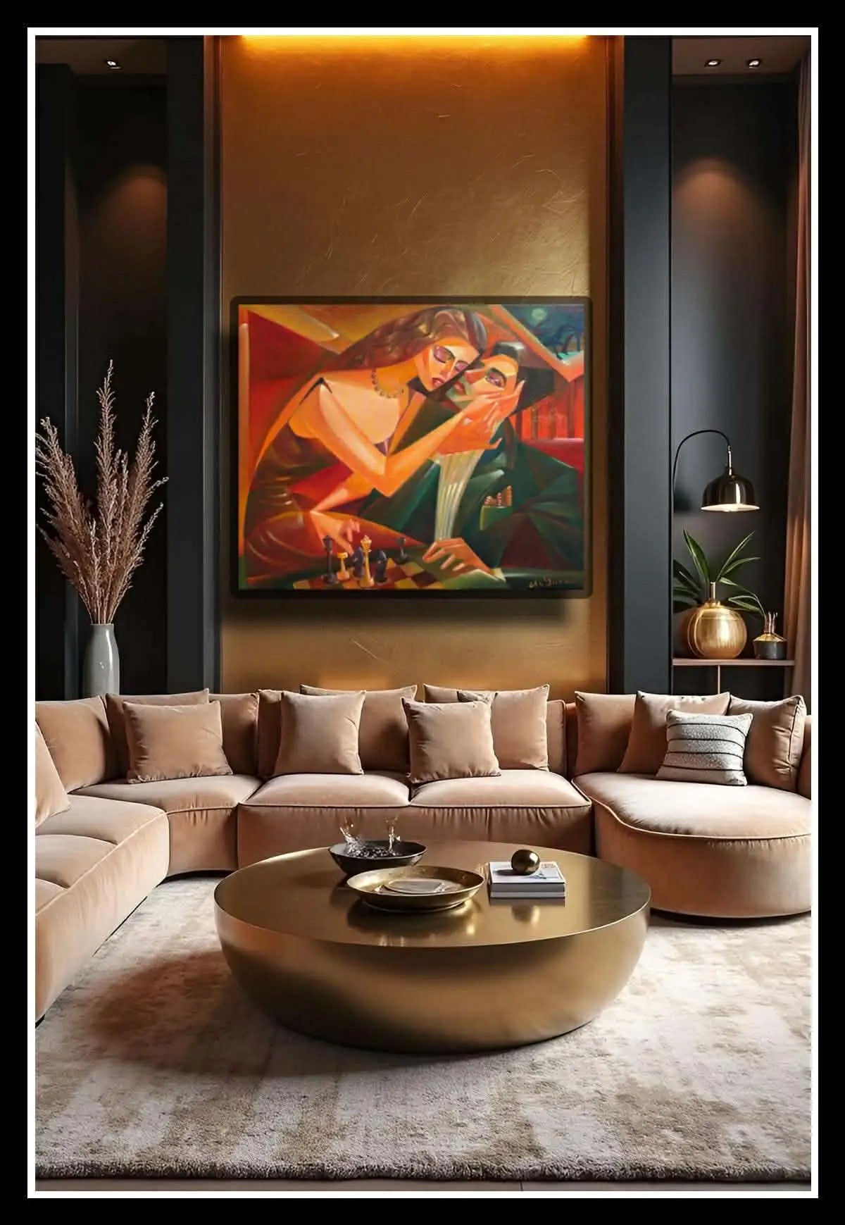 "Chess Temptation" artwork by Mariya Yugina displayed in a luxury modern living room interior mockup to showcase home decor styling.