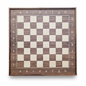 Front view of a dark American walnut 800 mm wall chess board with wooden frame