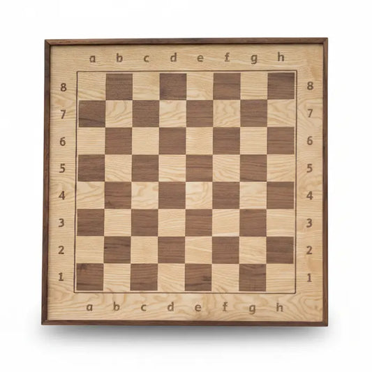 Premium hanging chess set with dark walnut frame. Showcases wood choice and personalization option.