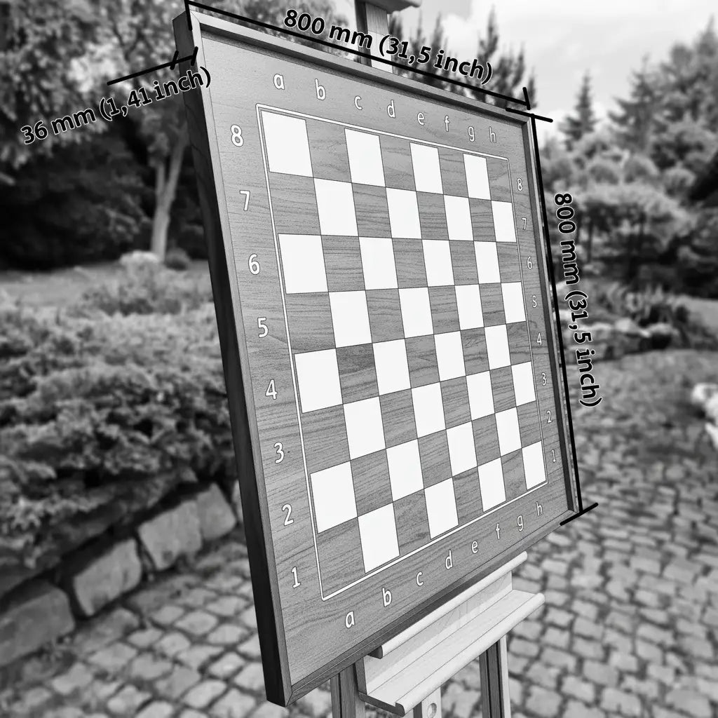ChessboArt wall-mounted chess board dimensions: 800mm (31.5in) x 800mm (31.5in), 36mm (1.41in) thickness.