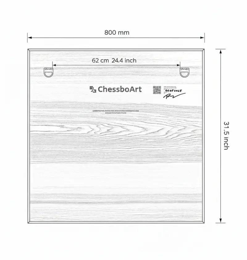 Technical diagram showing ChessboArt wall-mounting system and placement of two metal hangers. 800mm x 31.5inch dimensions.