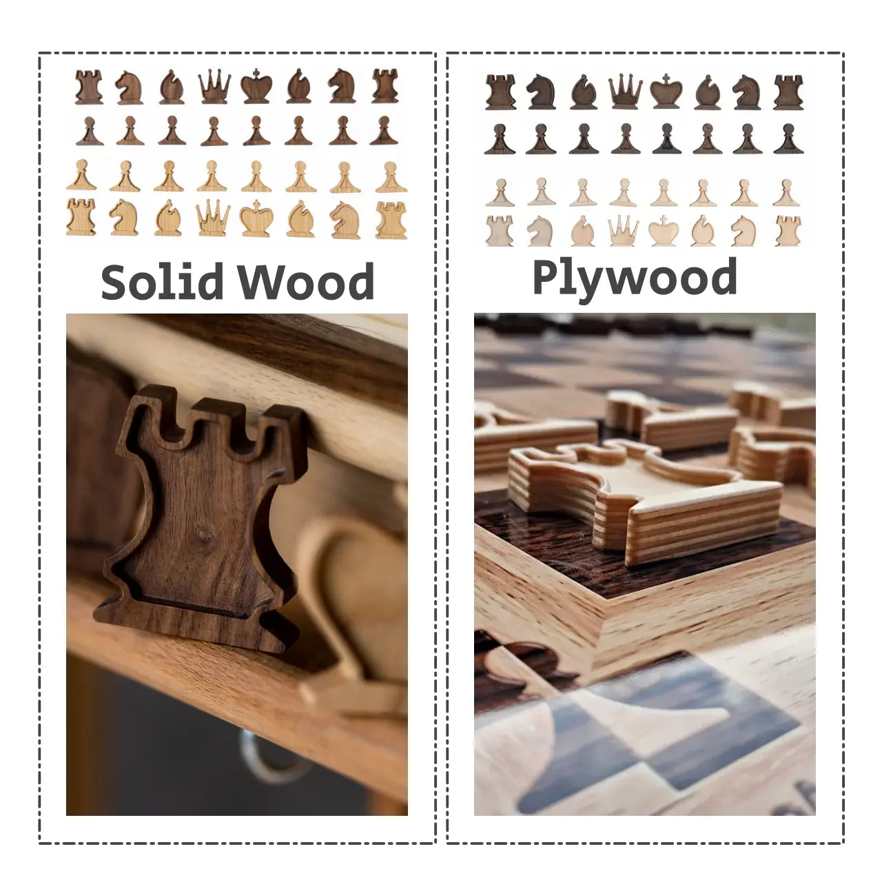 Comparison of magnetic chess pieces: Solid Wood (left) and Plywood (right) sets.