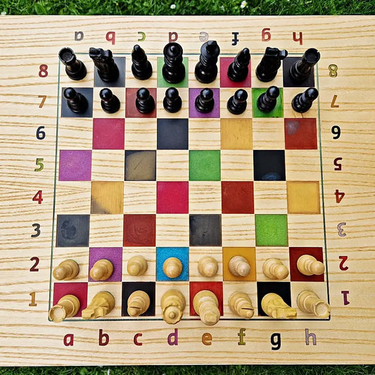 Multicolor epoxy resin chessboard with ash wood