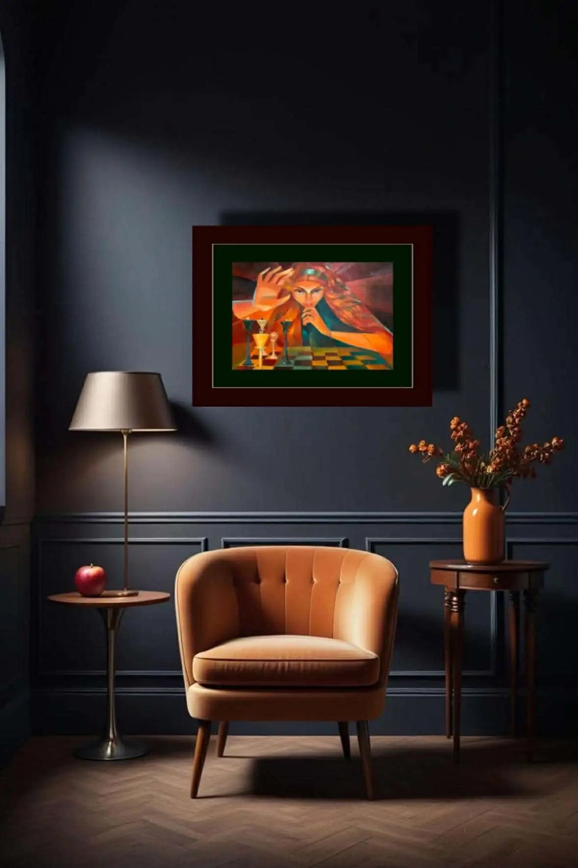 "Eye of Victory" chess painting by Mariya Yugina showcased in a high-end interior design setting, highlighting artistic wall decor.