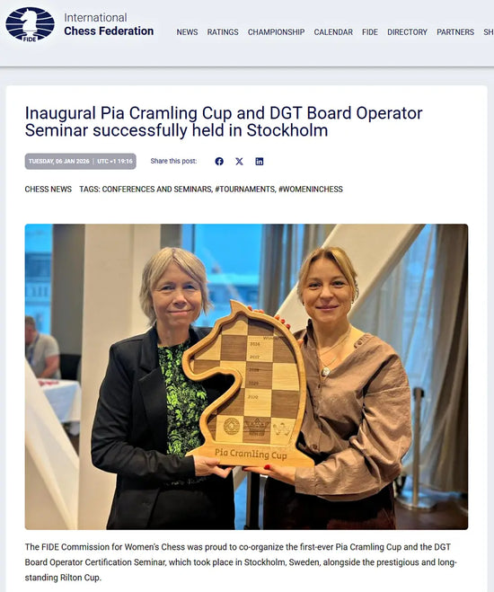 Handcrafted wooden chess knight trophy by ChessboArt presented at Pia Cramling Cup 2026