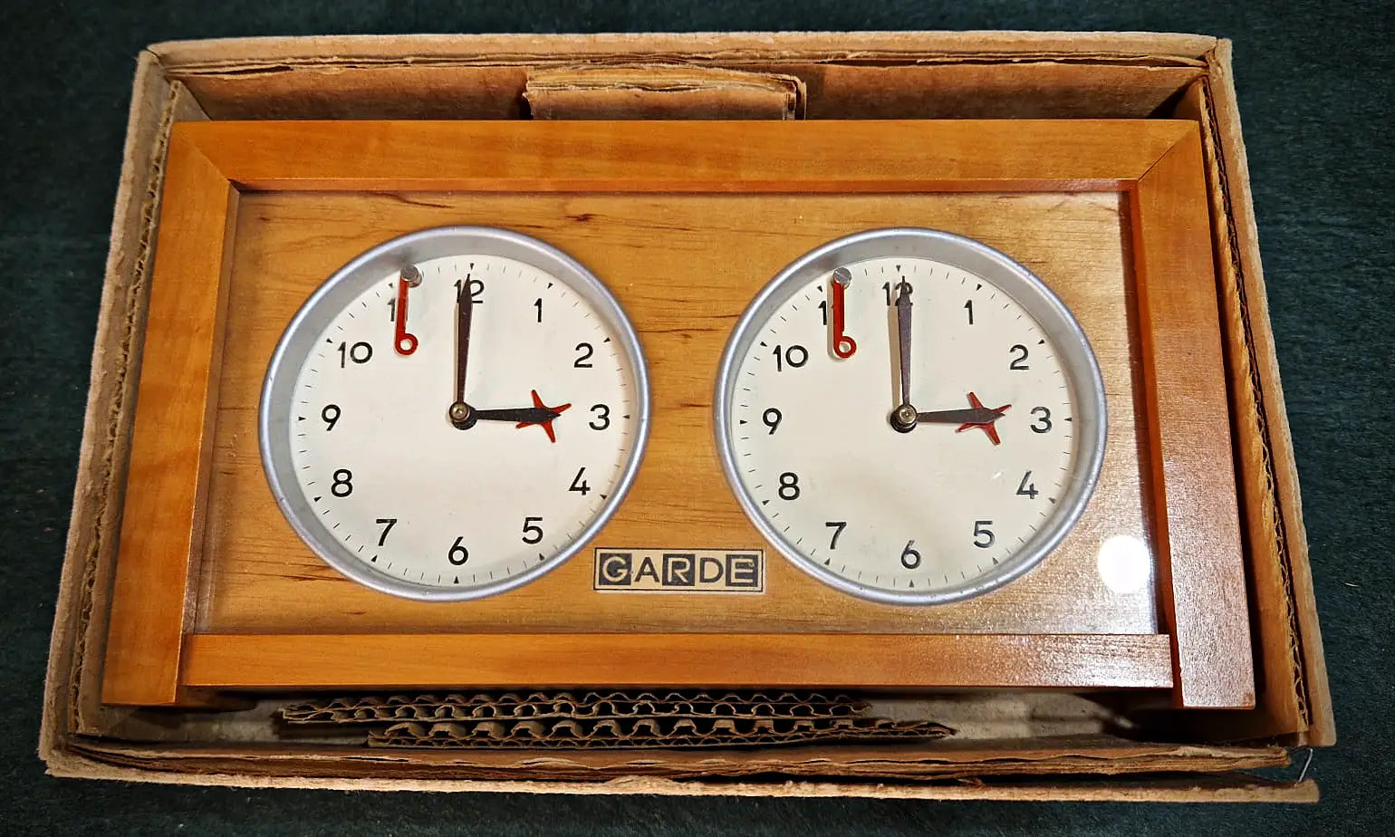 Vintage Garde Ruhla chess clock front view, mint condition light wood case.