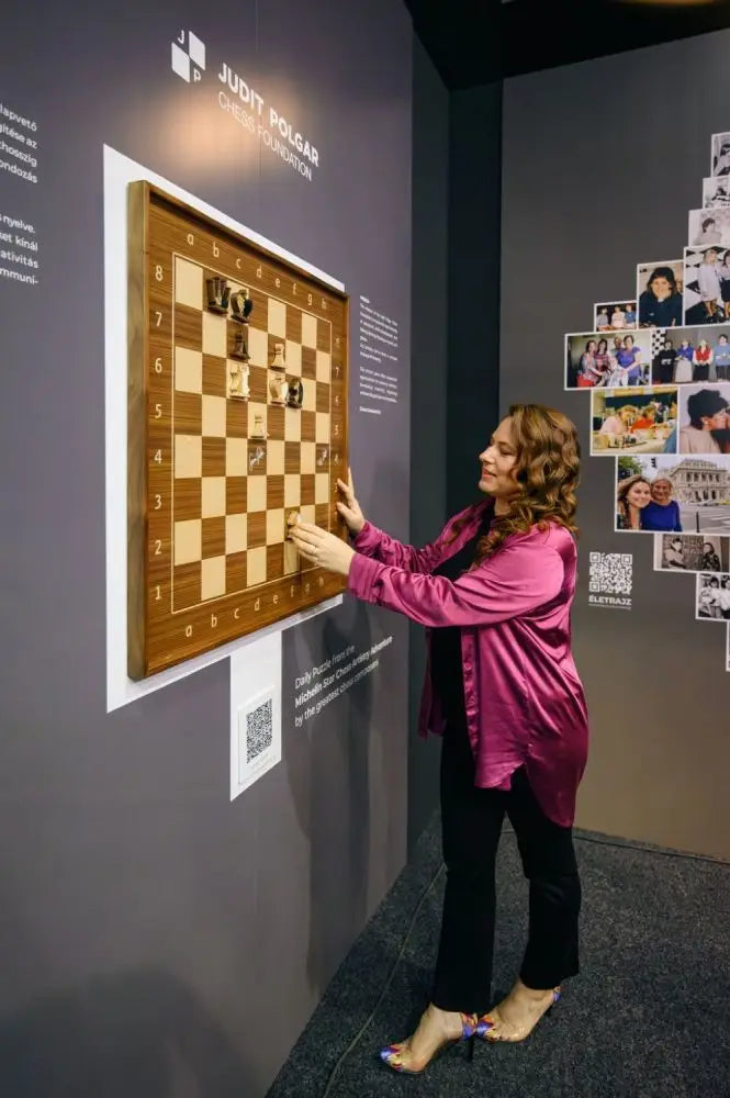 EXPO display — Judit Polgar and the signed ChessboArt800 vertical board, Budapest 2024