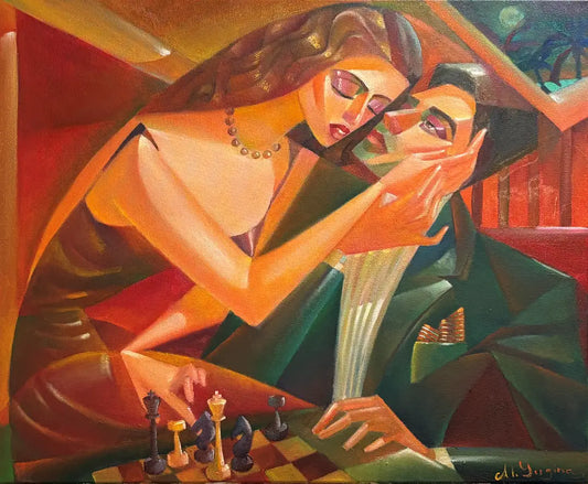 "Chess Temptation" oil painting by Mariya Yugina depicting a romantic and intense chess match between a man and a woman in a cubist style.