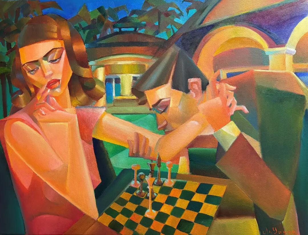 "The Fall of the Fortress" chess-themed oil painting by Mariya Yugina, depicting a dramatic and emotional moment during a game.