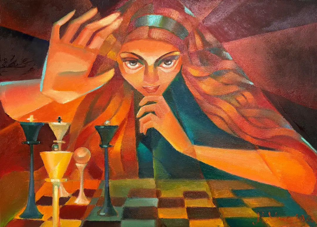 "Eye of Victory" cubist oil painting by Mariya Yugina, focusing on a woman's intense gaze during a strategic chess move.