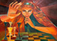 "Eye of Victory" cubist oil painting by Mariya Yugina, focusing on a woman's intense gaze during a strategic chess move.