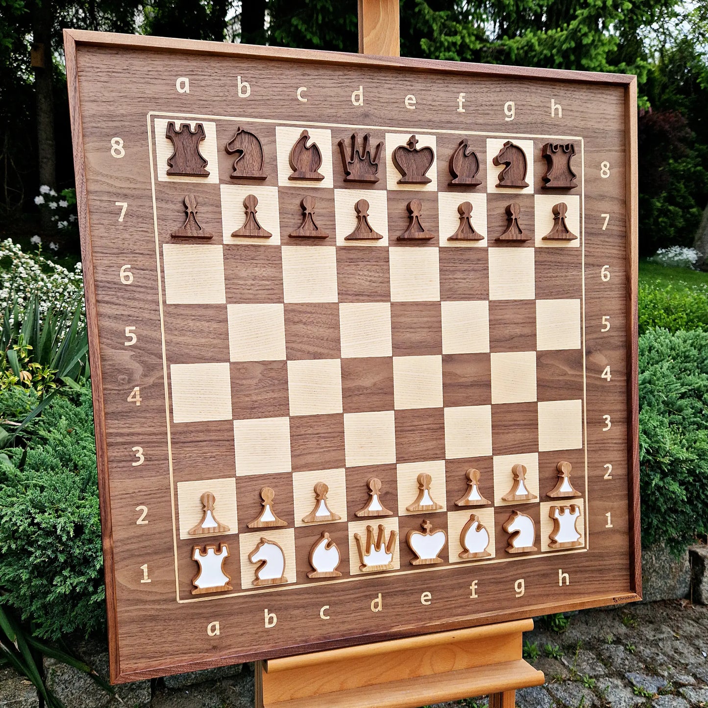 Art Chess board with pieces with one color epoxy filling