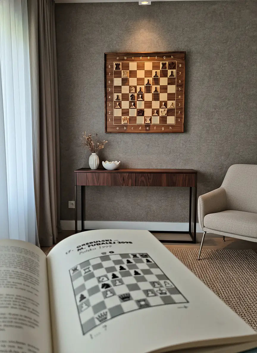 A warmly lit modern living room with a vertical wooden ChessboArt wall-mounted chessboard showing a complex middlegame position from the 1999 game Grebulski–Fudalej, hanging above a slim wooden console table with minimalist decorations, while an open chess book in the foreground displays the same diagram and the caption “Grebulski – M. Fudalej 1999, Cracovia Chess Festival 1999.