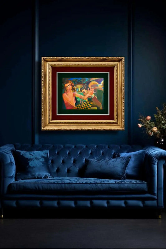 "The Fall of the Fortress" artwork by Mariya Yugina displayed in a sophisticated modern interior mockup for chess art inspiration.