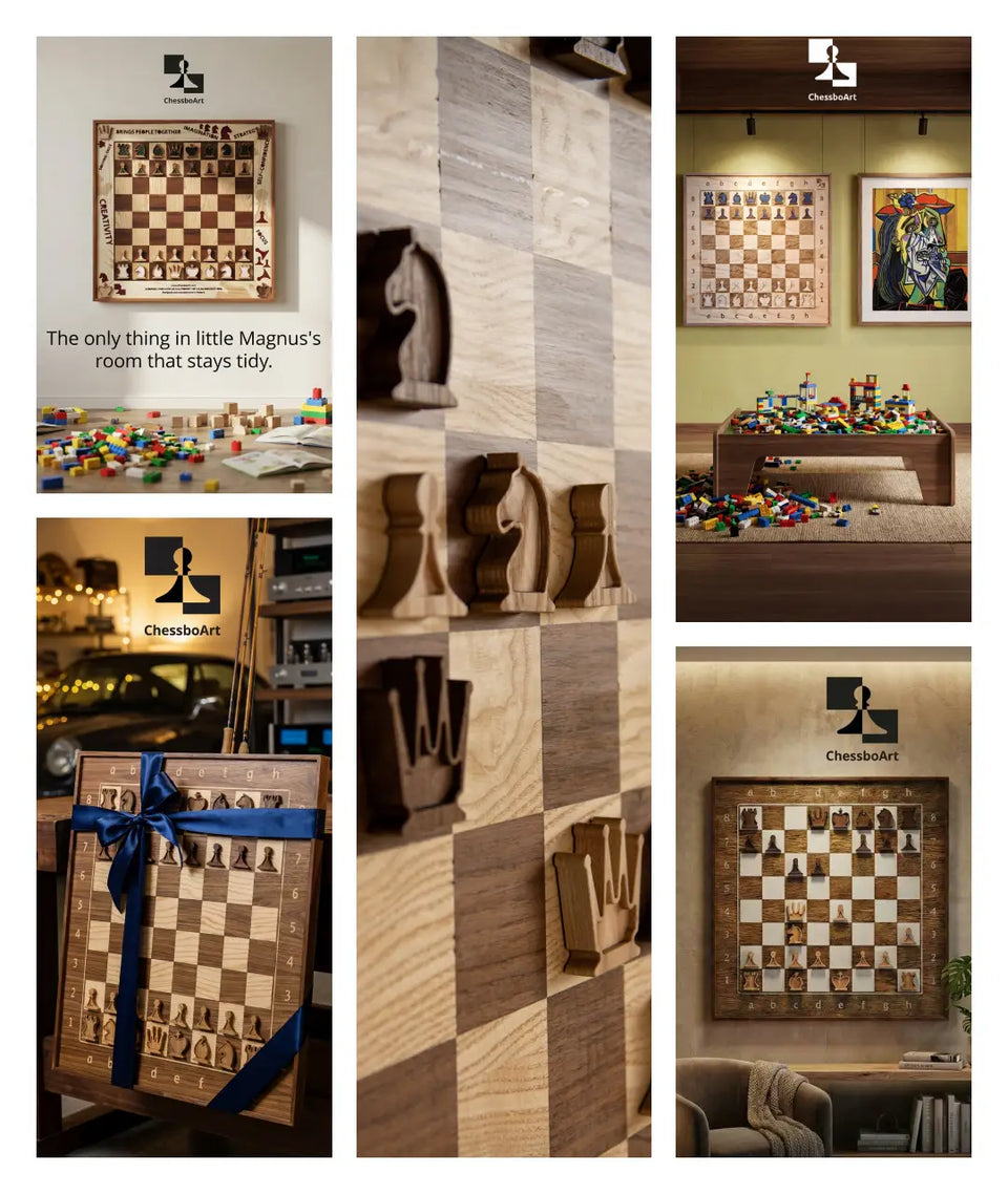 The greatest female chess player of all time, Judit Polgár, with the ChessboArt creator and a Morgan Stanley representative, showcasing two luxury vertical wall-mounted chess sets in Hungary.